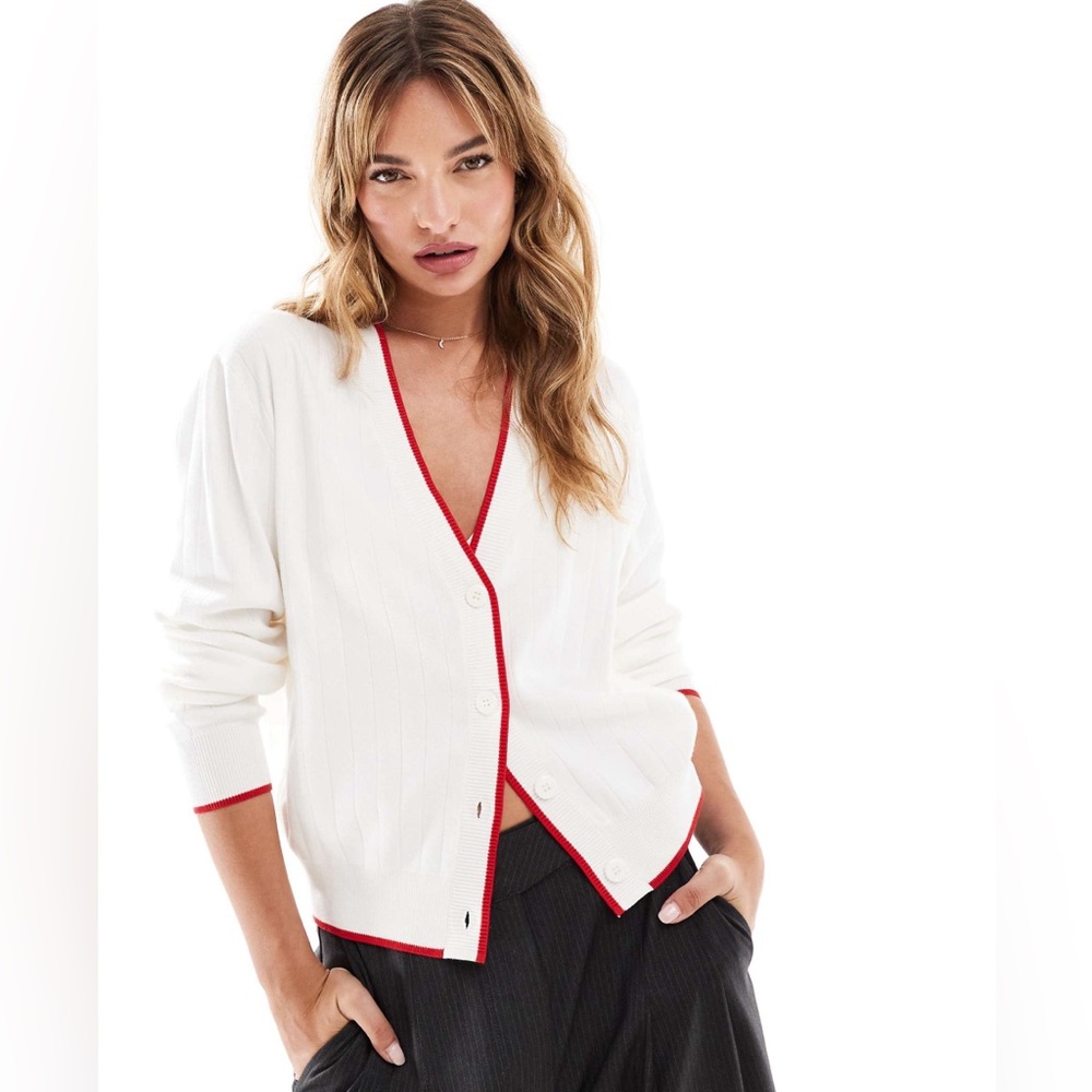 Mango MNG Preppy Academia White Varsity Button Cardigan with Red Trim SZ M